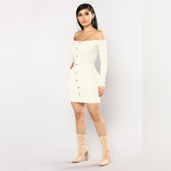 Jacklyn Off Shoulder Mini Long Sleeve Dress Cream /Oatmeal New With Tags Fashion - Picture 4 of 4